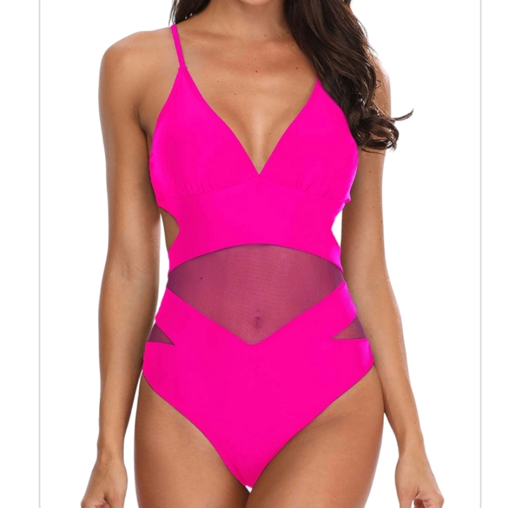 Women's Hot Pink One-Piece Swimsuit with Mesh Cutouts